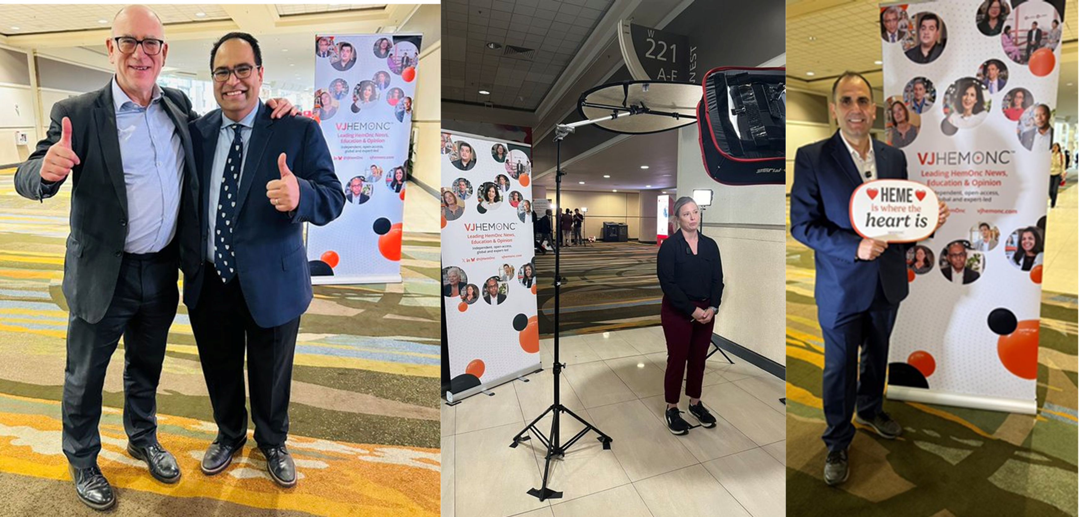 A selection of pictures of physicians filming and interacting with VJHemOnc onsite at ASH 2025